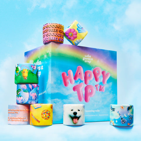 Happy TP Limited Edition, a box of 48 rolls with mood-boosting wrappers.